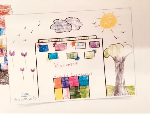 Vittoria, a student at the new Viscontini School, drew a picture of the school as she wished it to be.